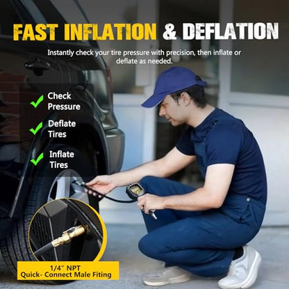 BUNKER INDUST Digital Tire Inflator with Pressure Gauge, Heavy Duty Air Chuck and Compressor Accessories with Built-in Top Light and Quick Connect Coupler, 0-250 PSI