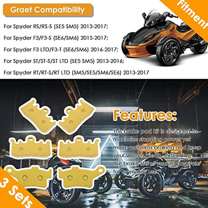 Front + Rear Brake Pads for Can Am Spyder RS GS SE5 SM5 RT RT-S LTD RS-S Roadster 2013-2026, Heavy Duty Ceramic Disc Metal Replacement Brake Pads Kit (3 Sets)