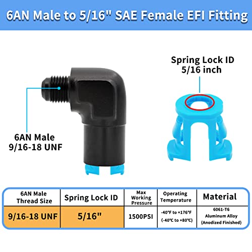 2 PCS MONOKING 6AN Male to 5/16" Female EFI Quick Connect Fitting 90 degree Push-On Adapter Connector Aluminum - size: 6AN to 5/16 NPT