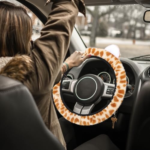 Accmor Fuzzy Leopard Print Car Steering Wheel Cover Women Car Accessories - color: Style B/Orange Leopard, Ear