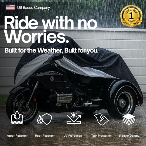 Formosa Covers XL Trike Motorcycle Cover - Cotton Windshield, Water-Resistant, All-Season, Heavy Duty - Fits Harley Davidson Triglide, Honda Gold Wing, California Sidecar, Kawasaki, Suzuki, Yamaha - size: Deluxe Trike