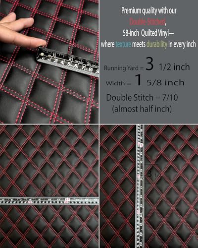 Vinyl Quilted Foam Fabric with 3/8" Foam Backing Upholstery Headliner Auto Seats Door Panels Trunk /58"W/Continuous Yard/FABRIC EMPIRE (Black Red Stitching, HQ Double Stitched Diamond 1 5/8"x3 1/2") - color: Black With Hq Red Thread, size: Double Stitch D