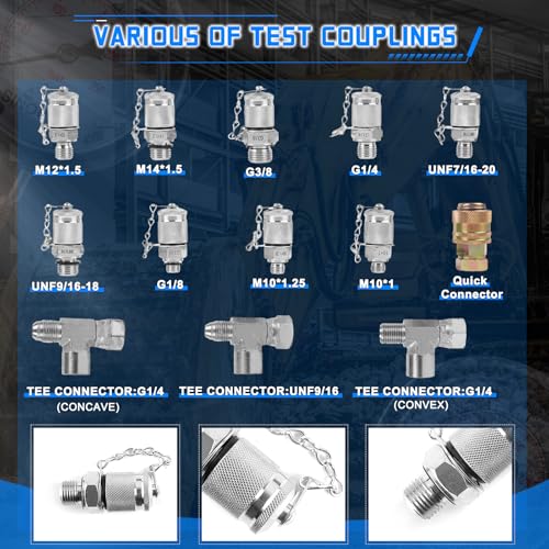 Hydraulic Pressure Gauge Test Kit, 4 Pressure Gauges, 4 Test Hoses, 10 Couplings, 3 Tee Connectors for Excavator Construction Machinery(Gold) - size: Gold 4 Gauges 10 Couplings 3 Tee Connectors