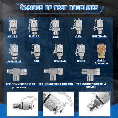 Hydraulic Pressure Gauge Test Kit, 4 Pressure Gauges, 4 Test Hoses, 10 Couplings, 3 Tee Connectors for Excavator Construction Machinery(Gold) - size: Gold 4 Gauges 10 Couplings 3 Tee Connectors