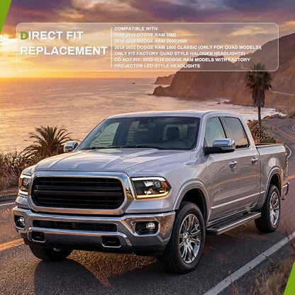 AUTOSAVER88 LED DRL Switchback Headlight Assembly Compatible with 2009-2018 Dodge Ram 1500 2500 3500/2019-2022 Ram 1500 Classic Replacement Headlamp Black Housing Clear Lens (Only for Quad Models) - color: LED Switchback - Black/Amber/Clear