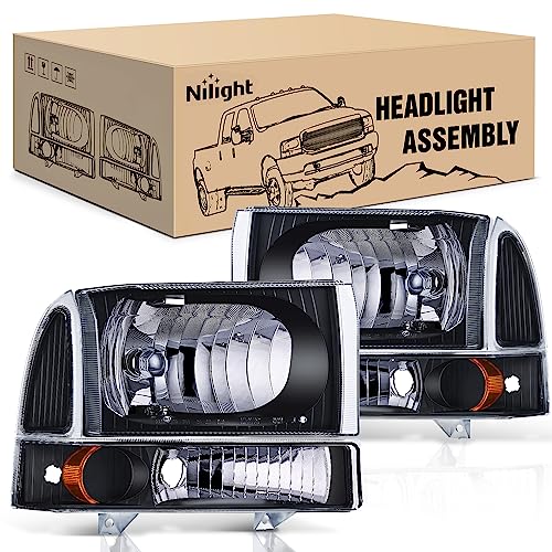 Nilight Headlight Assembly Replacement 1999 2000 2001 2002 2003 2004 F250 F350 F450 F550 Super Duty Black Housing Amber Corner Clear Lens,Headlights Assembly,4 Pack - color: Black Housing + Amber Reflector, size: 1999-2004 F250-F550