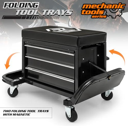 M-AUTO Rolling Mechanic Stool Garage Toolbox Stool Tool Chest Seat w/Wheels, 350LBS Capacity Padded Mechanic Stool Creeper Seat w/Drawers & Side Tool Trays for Home Garage and Workshop, Black