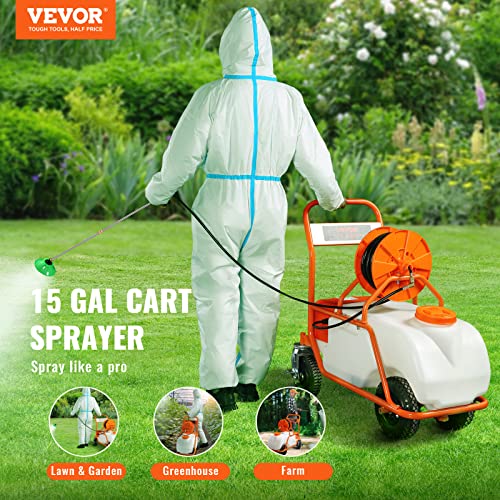 VEVOR Battery Powered 15 Gallon Garden Weed Sprayer with Wheeled Cart, 126FT Hose with Reel, 8 Nozzles, 2 Wands with Lock Trigger, 0-90PSI, 5-6h Spray Time, Wide Mouth Lid, Rotating Wheels with Brake - size: 15 Gal-Custom Bulit Cart