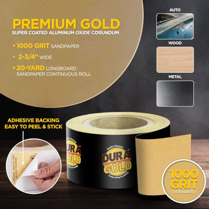 Dura-Gold Gold PSA Longboard Sandpaper, 1000 Grit, 20 Yard Roll 2-3/4" Wide - size: 1000-Grit
