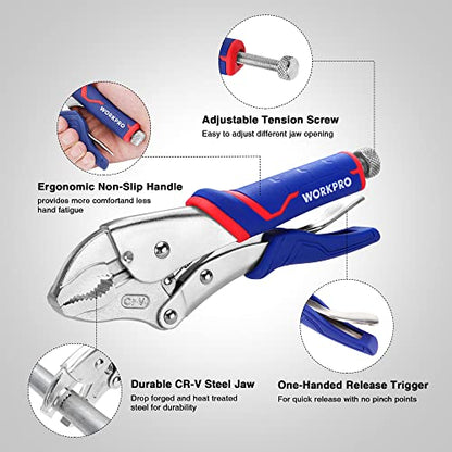WORKPRO 4-Piece Locking Pliers Set with Comfortable Grip, 5-1/2", 7" and 9" Curved Jaw Locking Pliers, 6-1/2" Long Nose Locking with Storage Bag, Blue&red