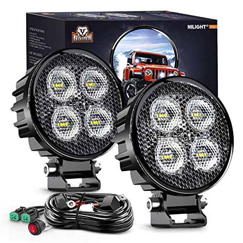 Nilight 2 PCS 3 Inch LED Pods Round 1500LM Built-in EMC Work Light 90° Flood Beam Angle Offroad Side Lights w/ 16AWG DT Wiring Kit for Tractor Truck Boat ATV UTV - color: White Led Pods +Wiring harness