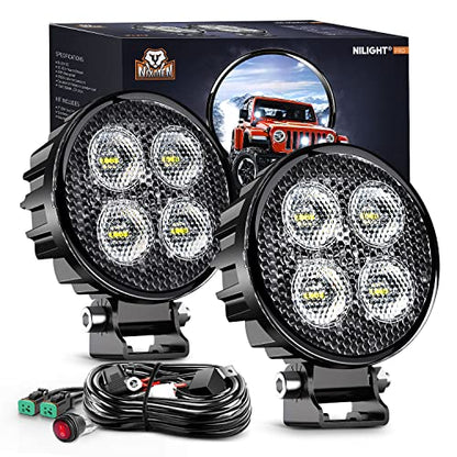Nilight 2 PCS 3 Inch LED Pods Round 1500LM Built-in EMC Work Light 90° Flood Beam Angle Offroad Side Lights w/ 16AWG DT Wiring Kit for Tractor Truck Boat ATV UTV - color: White Led Pods +Wiring harness
