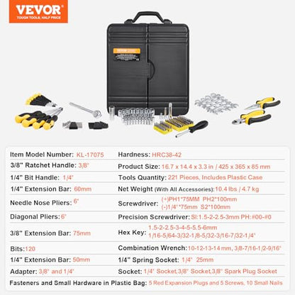 VEVOR Mechanics Tool Set 221Pieces - 1/4" and 3/8" Drive Sockets - SAE and Metric Mechanic Tool Kit with Bits - Wrenches, Ratchet Handle, Accessories, and Plastic Storage Case - for Automotive Repair - size: 221-PCS