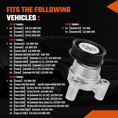 39083 Belt Tensioner Assembly with Pulley Fit for Silverado 1500 09-13, Fit for GMC Sierra 1500/2500 HD 10-13, Fit for Cadillac Escalade 09-14, Fit for Hummer H2 09, V8 6.2L/6.0L/5.3L/4.8L - size: 39083