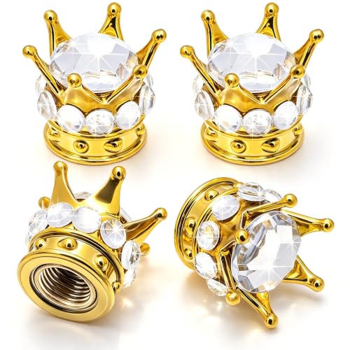 4PCS Crown Bling Tire Stem Valve Caps, Crystal Diamond Car Wheel Tire Valve Caps Universal Copper Core Stem Covers for Cars, SUV, Trucks, Bikes, Motorcycles, Bicycles (Gold & Silver) - color: Gold & Silver