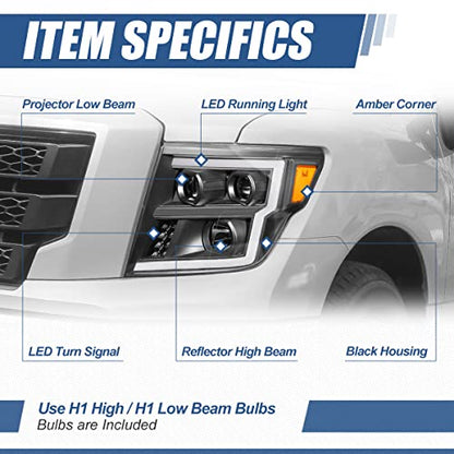 Auto Dynasty LED DRL Headlights Assembly for 2016-2024 Nissan Titan (XD) - color: Black / Amber, size: C-Style LED DRL / Halogen Low Beam