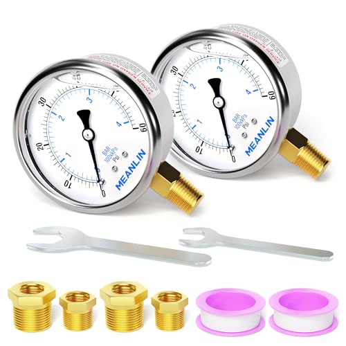 MEANLIN MEASURE 0~60Psi Stainless Steel 1/4" NPT 2.5" FACE DIAL Liquid Filled Pressure Gauge, Pool Sand Filter Pressure Test Lower Mount(Pack of 2) with 1/2" NPT and 3/8" NPT Hex Bushing - size: 0-60Psi (2Pcs)
