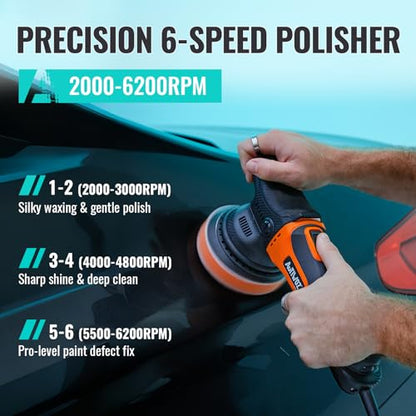 AUTIWOZ 5 Inch DA Polisher for Car Detailing, 9mm Random Orbital Polisher Buffer, 6 Speeds 2000-6200RPM, 630W Auto Polishing Machine for Car Polishing, Waxing, Sanding, W01