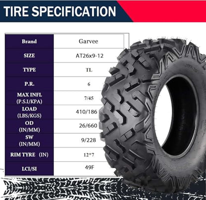 Garvee Set of 4 ATV UTV Tires 26x9-12, 6 PR Tubeless All-Terrain Tires for Mud, Dirt, Desert, Rock - Replacement Tires - size: 26x9-12 & 26x9-12, style: Pattern A
