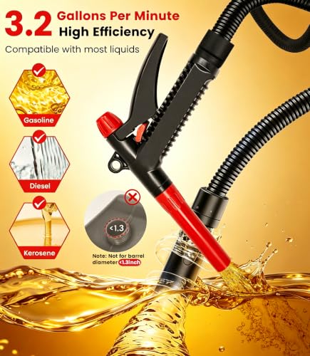 3.2GPM Battery Powered USB Charging Fuel Transfer Pump with Hand Shut Off Nozzle, 51" Long Hose, 4 Adapters, Portable Gas Pump Ideal For Gasoline, Diesel, Kerosene Transfer - color: Black Red