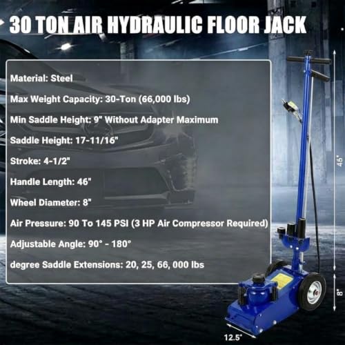 GarveeTech 30 Ton Air Hydraulic Floor Jack for Heavy Duty Trucks & Tractors – Low Profile (9"-17.7"), 4 Adapters, 46" Adjustable Handle – 66,000 Lbs Capacity - color: 30 Blue