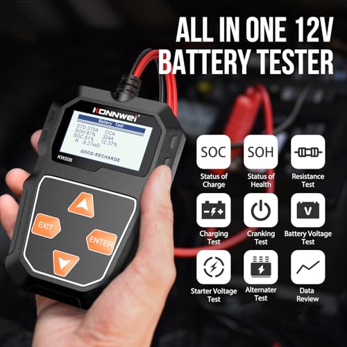 KONNWEI KW208 12V Car Battery Tester, Battery Load Tester Automotive 12V Alternator Starter Tester Digital Auto Battery Analyzer Charging Cranking System Tester for Car Truck Marine Motorcycle Boat