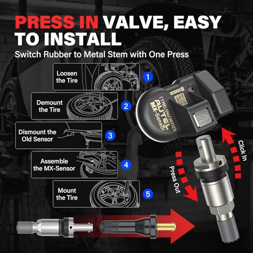Autel MX-Sensor 2 in 1 (315MHz + 433MHz)(Press-in) 100% Cloneable TPMS Programmable Sensors for Tire Pressure Monitoring System(Metal Valves,Set of 4 Pieces)