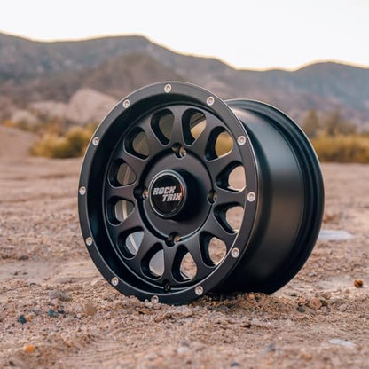 RockTrix RT111 12x7 ATV UTV Wheel 4x110 5+2 Offset, Matte Black, 4pc Set - size: 12x7 (5+2) 4pc