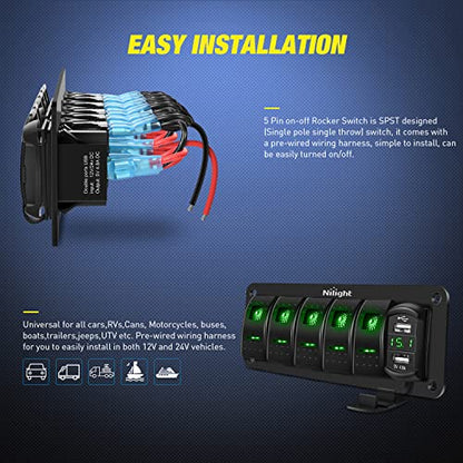 Nilight 5 Gang Rocker Switch Panel with Dual USB Socket Voltmeter - color: Green, size: 6 Gang Dual USB