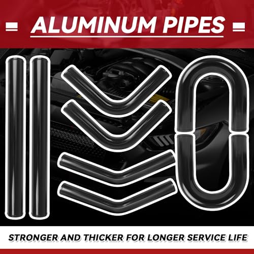 2.5" Universal Aluminum Turbo Intercooler Piping U-Pipe Kit 600mm Aluminum Pipe + 8 Elbow Hose+ 16 Clamps Kit 8PCS - Black - color: Black, size: 2.5"-60cm