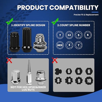 10PCS Spline Lug Nut Socket Set, Wheel Lock Removal Kit & Master Key for 5/6/7/12 Spline Locking Nuts with SAE 19mm Hex Deep Socket, Cr-Mo Steel - size: 10PCS Spline Lug Nut Socket Set