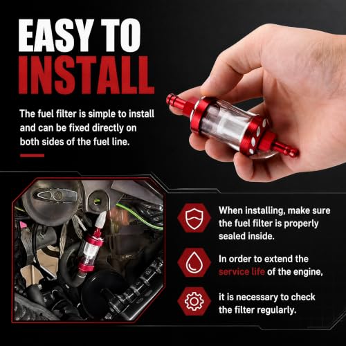 Car Fuel Filters, Tempered Glass Waterproof Fuel Filter Cup, Inline Alloy Rust-Proof and Durable Efficient Filter Oil Cup, Universal for Truck Motorcycle SUV Car (Red)