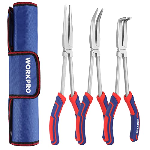 WORKPRO 3PC Long Reach Plier Set, 11'' Straight, 90° & 45° Bent Nose Pliers