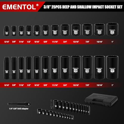 EMENTOL 3/8" Drive Impact Socket Set, 25PCS, SAE(5/16"- 1"), Deep and Shallow, 12 Point, Includes Drill Bit Adapter - size: 3/8" Drive (8-25mm)