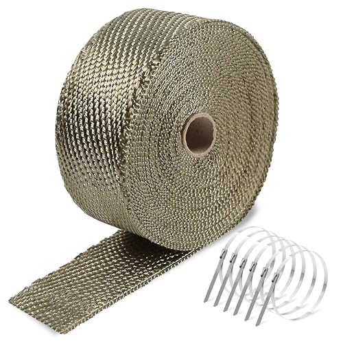 NEZUIBAN 2" x 50FT Titanium Exhaust Heat Wrap, 1800°F High Temp Header Wrap Heat Shield Tape with 12 Stainless Steel 304 Locking Ties for Motorcycle, Automotive & Turbo Applications - color: Gold 2''x50'
