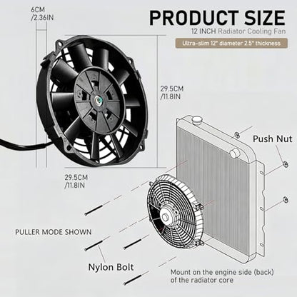 12 Inch Reversible Radiator Cool Fan, Upgraded Push & Pull Slim Electric Cooling Fan 12V 80W, Universal Fit for Car/Truck/SUV (Black w/Mount) - size: 12 INCH