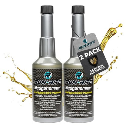 Fuel System Ultra Treatment 16 oz - Valves, Carburetor, Induction Components & Car Fuel Injector Cleaner Gas Additive - Sludge & Fuel System Cleaner for Gasoline Engines Run-Rite SledgeHammer (2-pack)