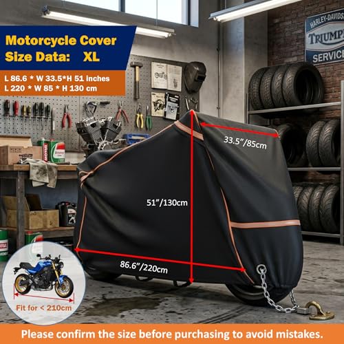BENVOL 420D Heavy Duty Motorcycle Cover Waterproof Outdoor, 5000mm Rainproof Material Motorbike Cover with 2 Windproof Buckles, Lock Holes & Wide Reflective Strips, Anti-UV Sun Dust Protection - color: Black-XL(86.6*31.5*51)