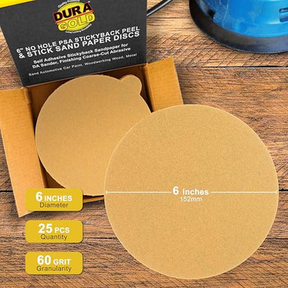 Dura-Gold Premium 6" Gold PSA Sanding Discs - 60 Grit, Box of 25 - Self - size: 60-Grit