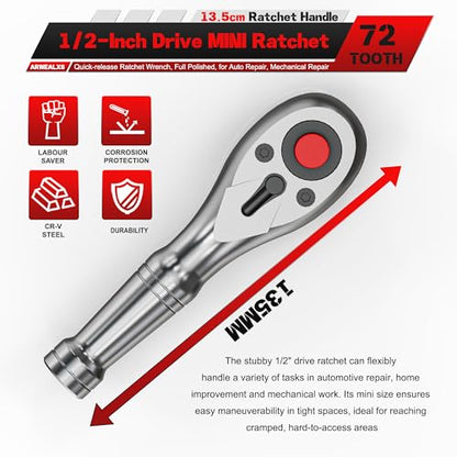 1/2-Inch Drive Stubby Ratchet, 13.5cm Ratchet Handle, 72-Tooth Quick-release Ratchet Wrench, Full Polished, for Auto Repair, Mechanical Repair - size: 1/2" Mini