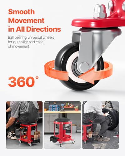 VEVOR Rolling Mechanic Stool with Wheels, 300 lbs Capacity Garage Seat/Work Stool, Padded Roller Creeper Seat with Fixed Height, Tool Tray and 2 Drawers, for Garage, Shop & Auto Repair, Red+Black