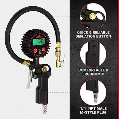 Milton 507KIT Digital Tire Inflator Car Accessories w/Accurate Air Tire Pressure Gauge, 14” Rubber Air Hose – 250 PSI, Brass Lock-On Clip Air Chuck and Compressor Accessories