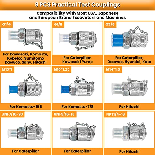 70M Digital Hydraulic Pressure Test Coupling Kit Hydraulic Pressure Gauge Kit for Excavator Construction Machinery 2 Gauges 2 Test Hoses 11 Couplings 700BAR/10000PSI/70Mpa - style: 2 Gauges 11 Test Couplings
