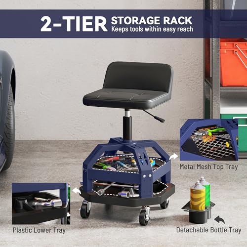 HOMCOM Rolling Mechanic Stool 300 LBS Capacity, Backrest 360° Wheels Blue - color: Blue