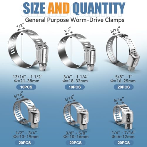 100PCS Hose Clamp Assortment Kit, Stainless Steel Worm Gear Clamp - size: 100PCS Kit (6-38mm)