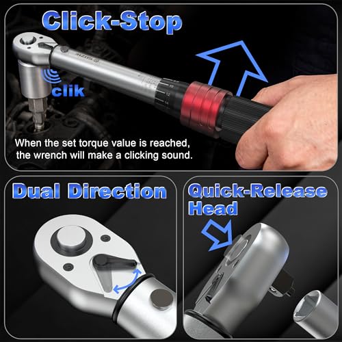 1/4 3/8 1/2 9PC Torque Wrench Set 20-220 In lb,5-45 &10-170 Ft lb,3 extension bar & 3 adapter,3% Accuracy,72 T,Chrome plated,anti-rust,no scratch & wear-resistant than Black,for DIY, bike,car & truck - size: 1/4'' 3/8'' 1/2'' 9pcs