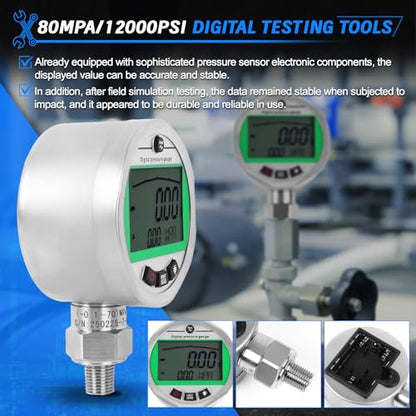 Digital Pressure Gauge Kit with 2 80MPA/12000PSI Pressure Gauges 3 Test Hoses and 12 Couplings Hydraulic Gas Water Pressure Test Kit with Backlight, 1 Year Warranty - color: 80