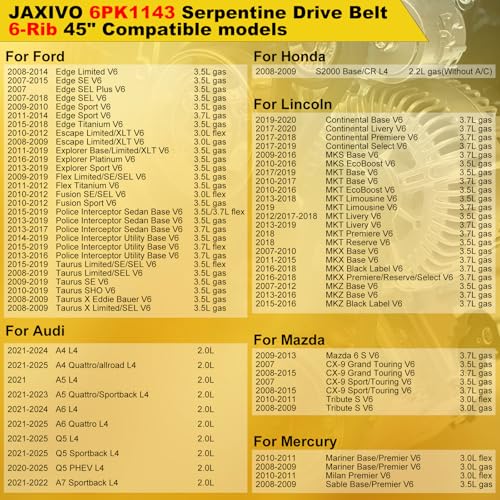 6PK1143 Serpentine Belt V-Ribbed Drive Belt for 07-18 Edge 3.5L,08-12 Escape 3.0L,11-19 Explorer V6,09-19 Flex/Taurus,09-16 MKS,07-18 MKX,07-15 CX-9 3.7L,21-25 A4/A6/Q5 2.0L,Replace 1060450 - size: 6PK1143-1143mm