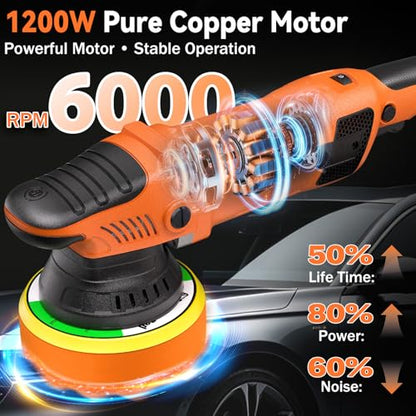 1200W 6" Rotary Buffer, 2500-6000RPM, Detach Handle, Car/Boat Sand & Wax - color: Orange & Black