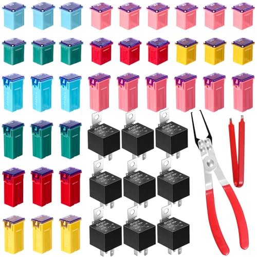 DaisyInner 36 Pcs Car Fuse Assortment Kit Fuse and Puller Plier Relay with Small Fuze Remover Tool and 10 Pcs 30/40 Amp 5-pin 12v Relay Car Fuze Puller(Multicolor,Low and Tall) - color: Multicolor